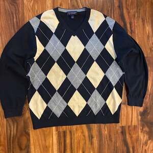 Roundtree & Yorke Mens L Long Sleeve 100% Cotton Argyle V-Neck Sweater